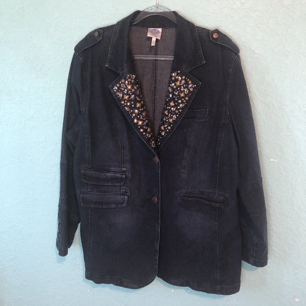 DG2 Diane Gilman Black Denim Blazer Jacket Size 2X Rhinestones Bejeweled Studded - Picture 1 of 12